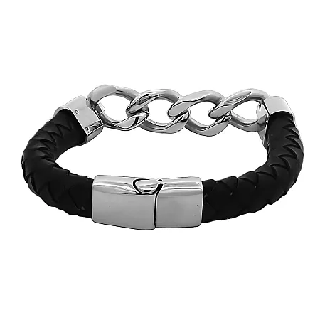 Ανδρικό βραχιόλι, δερμάτινη χειροπέδα από ανοξείδωτο ατσάλι, 22 εκατοστά,TRIBUTE,0230367401