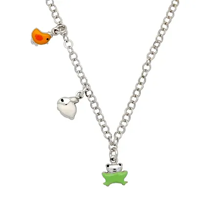 Woofie, Ασημένιο Παιδικό Κολιέ για κορίτσια με άσπρο επιπλατίνωμα, σμάλτο, βατραχάκι, λαγουδάκι & κοτοπουλάκι
