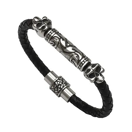 TRIBUTE, Ανδρικό Βραχιόλι Από ανοξείδωτο ατσάλι με αδιάβροχο μαύρο δέρμα, νεκροκεφαλές & κούμπωμα με μαγνήτη, 7 εκατοστά η εσωτερική του διάμετρος