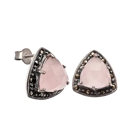 silverline, ασημένια, σκουλαρίκια με ροζ φίλντισι & μαρκασίτες
