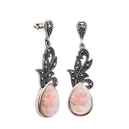 silverline, ασημένια, σκουλαρίκια με καμέο ,ροζ φίλντισι & μαρκασίτες