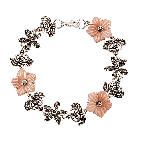 silverline, ασημένιο βραχιόλι γυναικείο με λουλούδια, ροζ φίλντισι & μαρκασίτες