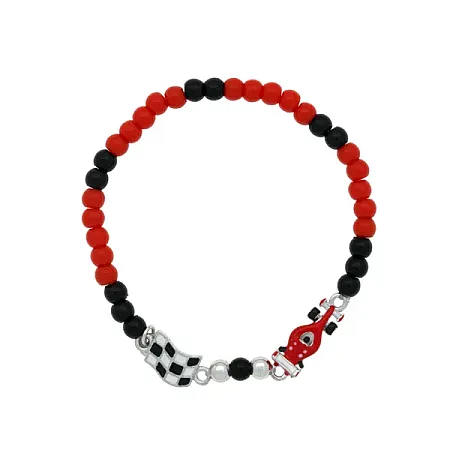 Woofie, ασημένιο ,παιδικό ,βραχιόλι για αγόρια, με σμάλτο, άσπρο ρόδιο, κόκκινες & μαύρες χάντρες, φόρμουλα & σημαία εκκίνησης