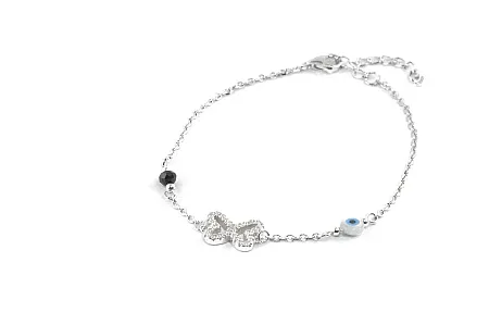 silverline, ασημένιο, γυναικείο βραχιόλι, με πεταλούδα από ζιργκόν, μαύρο όνυχα, μάτι βασκανίας από φίλντισι, επιπλατινωμένο χωρίς νικέλιο