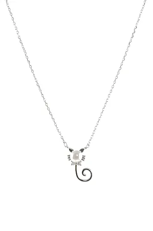 silverline, ασημένιο, γυναικείο κολιέ "γάτα" με λευκά ζιργκόν, άσπρο μαργαριτάρι & άσπρο επιπλατίνωμα