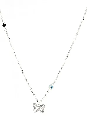 silverline, ασημένιο, γυναικείο κολιέ με ζιργκόν, μαύρο όνυχα, πεταλούδα, μάτι βασκανίας & άσπρο επιπλατίνωμα