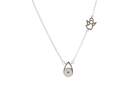 silverline, ασημένιο, γυναικείο κολιέ με μάτι βασκανίας, αγγελάκι, & άσπρο επιπλατίνωμα