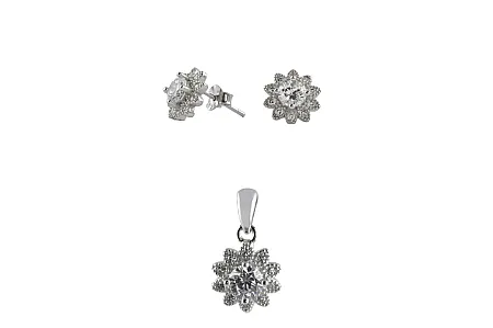 silverline, γυναικείο, ασημένιο, σετ, μενταγιόν και σκουλαρίκια ροζέτες με άσπρα ζιργκόν και λευκό επιπλατίνωμα χωρίς νικέλιο,
