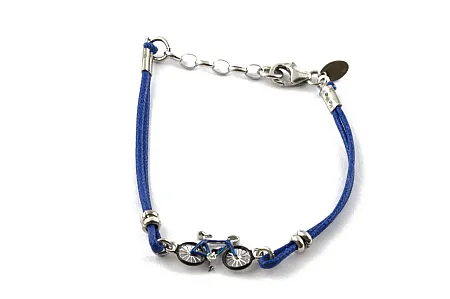 Woofie, ασημένιο ,παιδικό ,βραχιόλι, με σμάλτο, ποδήλατο και μπλε βαμβακερό κορδόνι με αλυσίδα επέκτασης για αγόρια, επιπλατινωμένο χωρίς νικέλιο