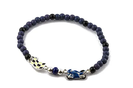 Woofie, ασημένιο ,παιδικό ,βραχιόλι, με σμάλτο, μηχανή, σημαία εκκίνησης αγώνα, μπλε & μαύρες χάντρες για αγόρια, επιπλατινωμένο χωρίς νικέλιο