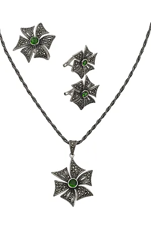 silverline, ασημένια, γυναικεία, σκουλαρίκια, οξειδωμένα με μαρκασίτη, πράσινα, ζιργκόν(η τιμή αφορά μόνο τα σκουλαρίκια όχι ολόκληρο το σετ)