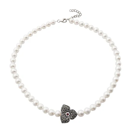 silverline, ασημένιο, γυναικείο, κολιέ, λουλούδι με πέρλες, μαρκασίτη, ζιργκόν, άσπρο, επιπλατίνωμα,