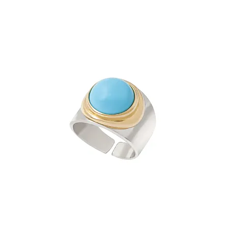 Δαχτυλίδι γυναικείο, ασημόχρυσο μασίφ, από 925 ασήμι, Κ14 χρυσό και γνήσιο τυρκουάζ, επιπλατινωμένο, χωρίς νικέλιο, silverline, 0430678601