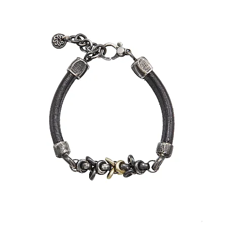 TRIBUTE, αντρικό βραχιόλι με 925 ασήμι, κίτρινο χρυσό 18 καρατίων, δέρμα & μαύρο, ρόδιο,0230398901