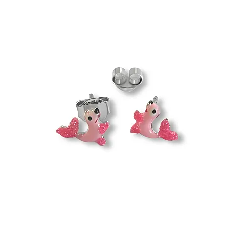 Σκουλαρίκια, παιδικά, για κορίτσια, καρφωτά, από 925 ασήμι, με σμάλτο, γκλίτερ & φώκιες, επιπλατινωμένα, woofie, 0130527701,