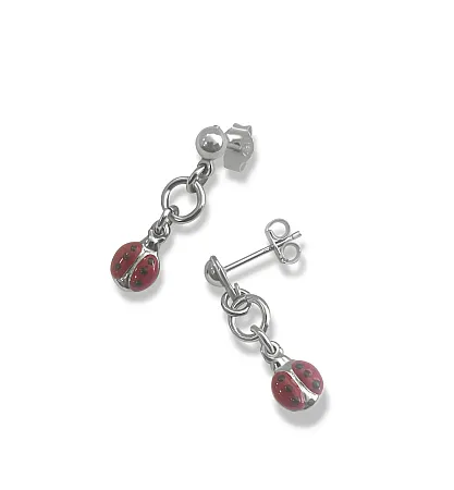 Σκουλαρίκια, παιδικά, για κορίτσια, ασημένια, με σμάλτο, πασχαλίτσες, επιπλατινωμένα, κρεμαστά, woofie,0130397701