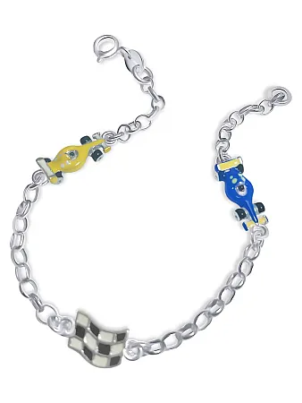 Βραχιόλι, παιδικό, ασημένιο,  για αγόρια, με σμάλτο διπλής όψης, 18 εκατοστών τελικό μήκος, free size, με φόρμουλες, αγωνιστικά αυτοκίνητα και σημαία εκκίνησης αγώνα, με άσπρο επιπλατίνωμα χωρίς νικέλιο, woofie, 0230352301,