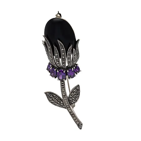 Καρφίτσα, ασημένια, 925, γυναικεία, λουλούδι, με ορυκτές πέτρες  μαρκασίτη, μαύρο όνυχα  & μωβ ζιργκόν, 9Χ3 εκατοστά, αντικέ, silverline,0730131301