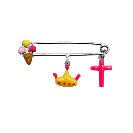 Παραμάνα, καρφίτσα, ασημένια,925, για νεογέννητα μωρά, φυλαχτό, γούρι, για κοριτσάκια, με άσπρο επιπλατίνωμα, σμάλτο διπλής όψης, σταυρό, κορώνα & παγωτό χωνάκι, woofie, 0730141601