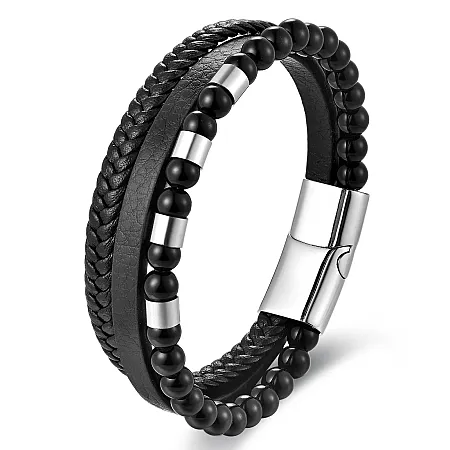 Bραχιόλι ανδρικό από ανοξείδωτο ατσάλι, με μαύρο αχάτη & δέρμα , 21,5 εκατοστών,TRIBUTE, 0230454301