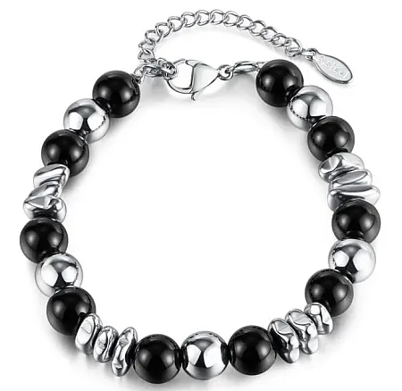 Βραχιόλι unisex από ανοξείδωτο ατσάλι με  μαύρους αχάτες, 18+4,5 εκατοστά ,TRIBUTE, 0230453901