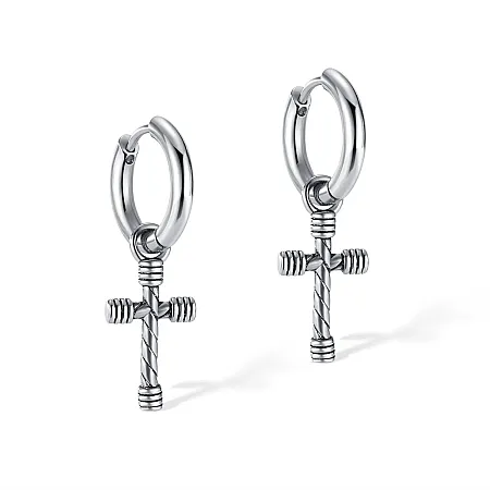 Κρίκοι μικροί με σταυρό, κρεμαστά σκουλαρίκια ρετρό, unisex από ανοξείδωτο ατσάλι TRIBUTE,0130555001
